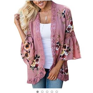Pink Floral Bell Sleeve Kimono